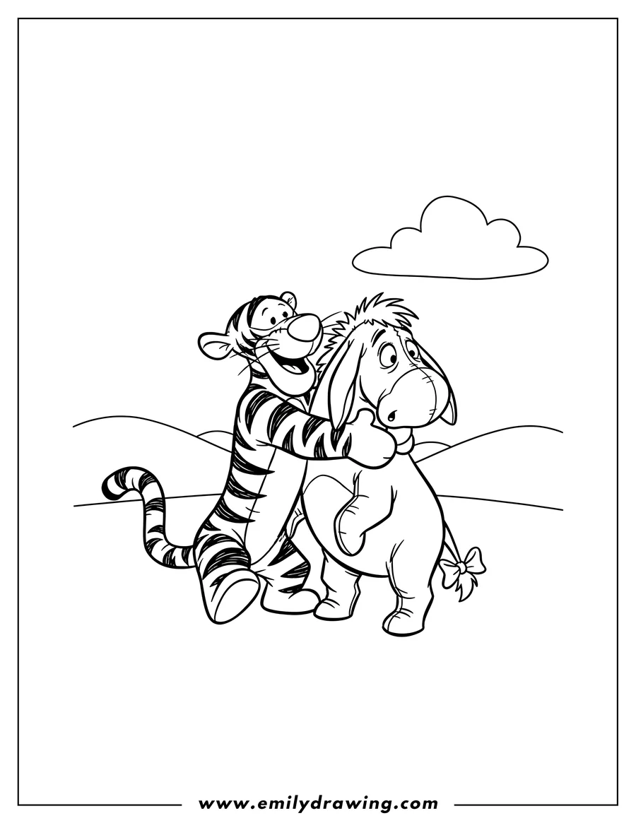 Line art of Tigger happily hugging Eeyore, with a cloud and hills in the background.