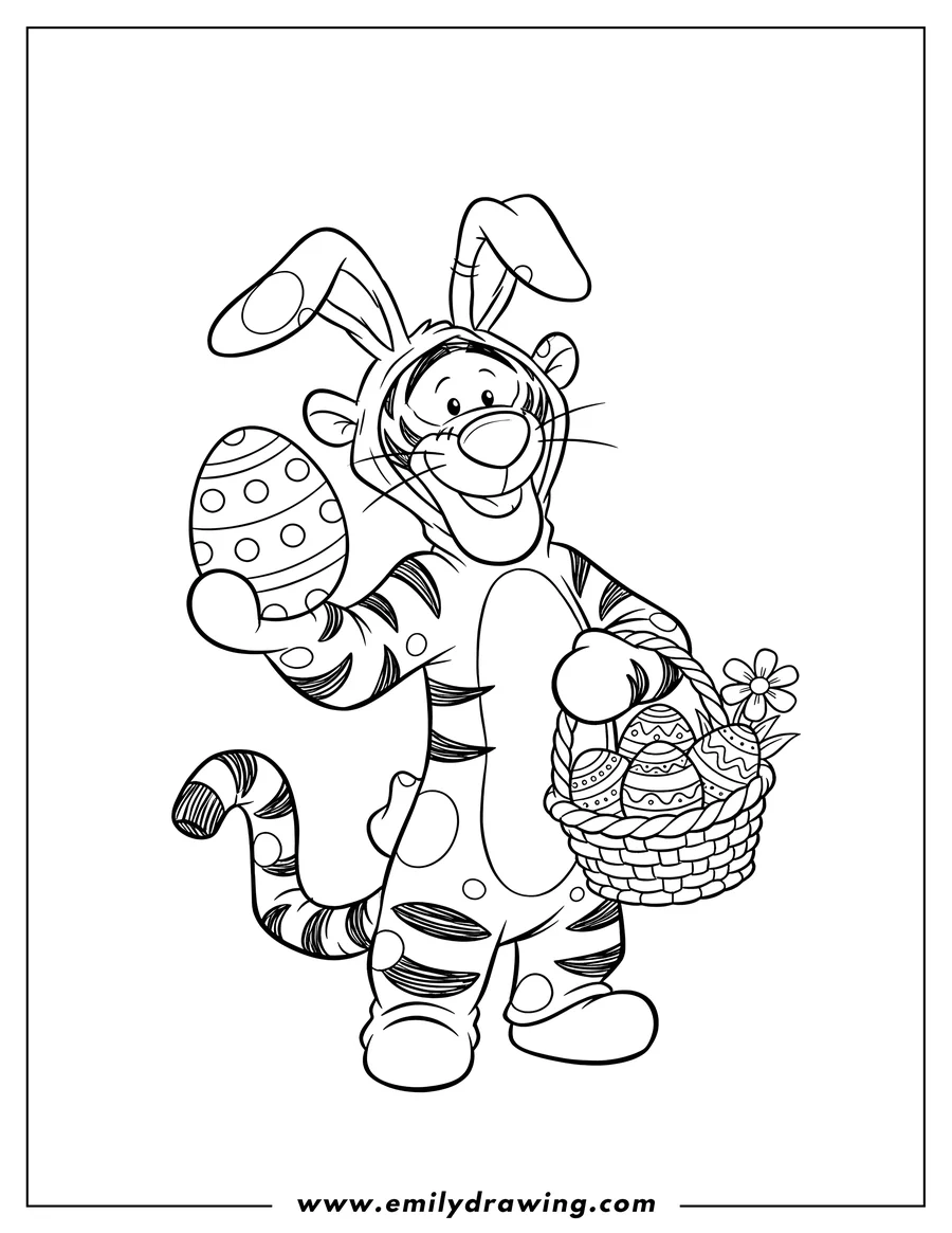 PDF style coloring page: tigger in a bunny costume with long ears, holding a polka-dotted Easter egg and an Easter basket