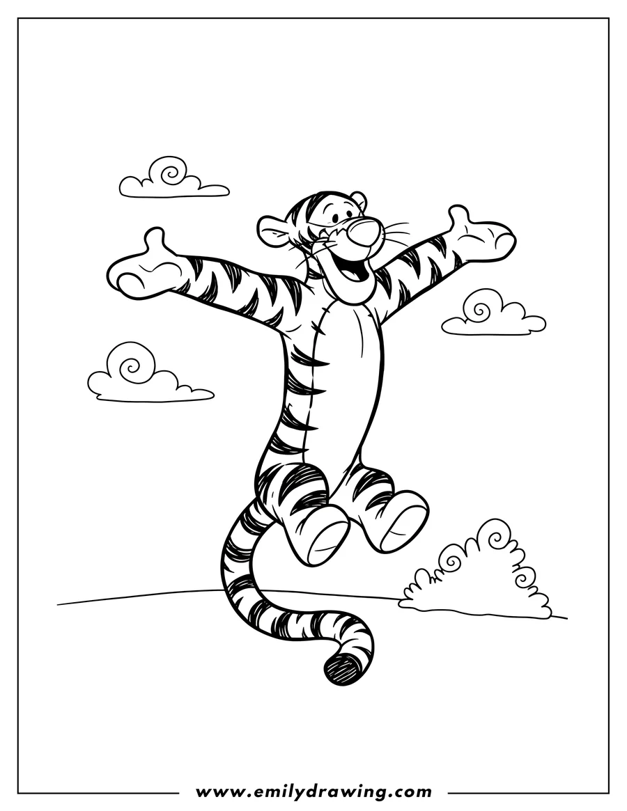 Outline of Tigger from Winnie the Pooh, jumping high in the air with his arms spread wide and a happy expression, with fluffy clouds and a small bush in the background.