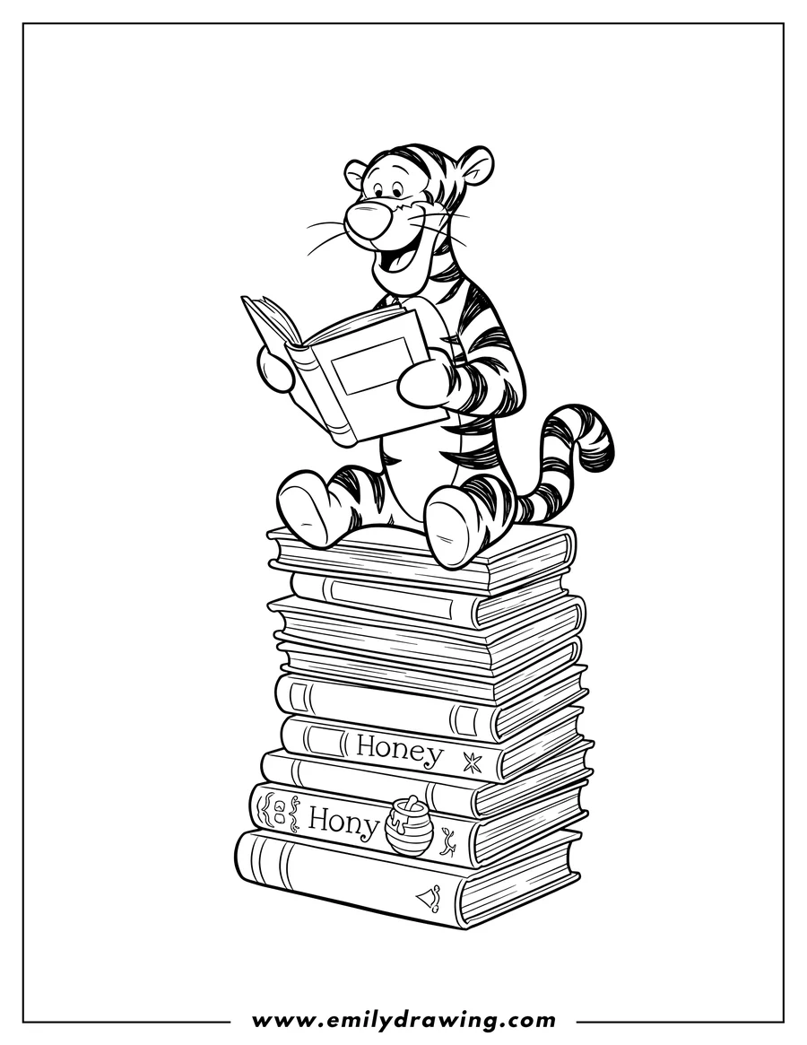 Downloadable coloring page of tigger sitting on a stack of books and reading