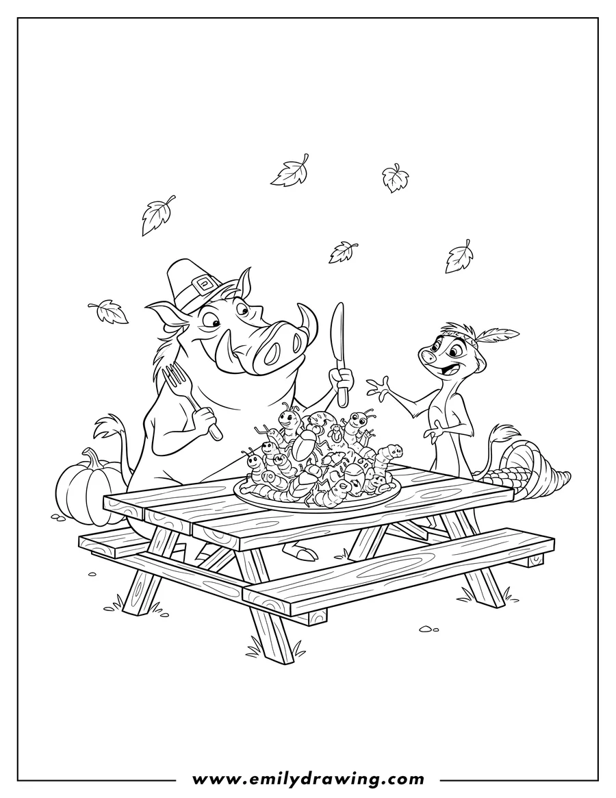 Outline drawing of timon and Pumba celebrating Thanksgiving, Pumba holding cutlery before a bug feast, Timon watching