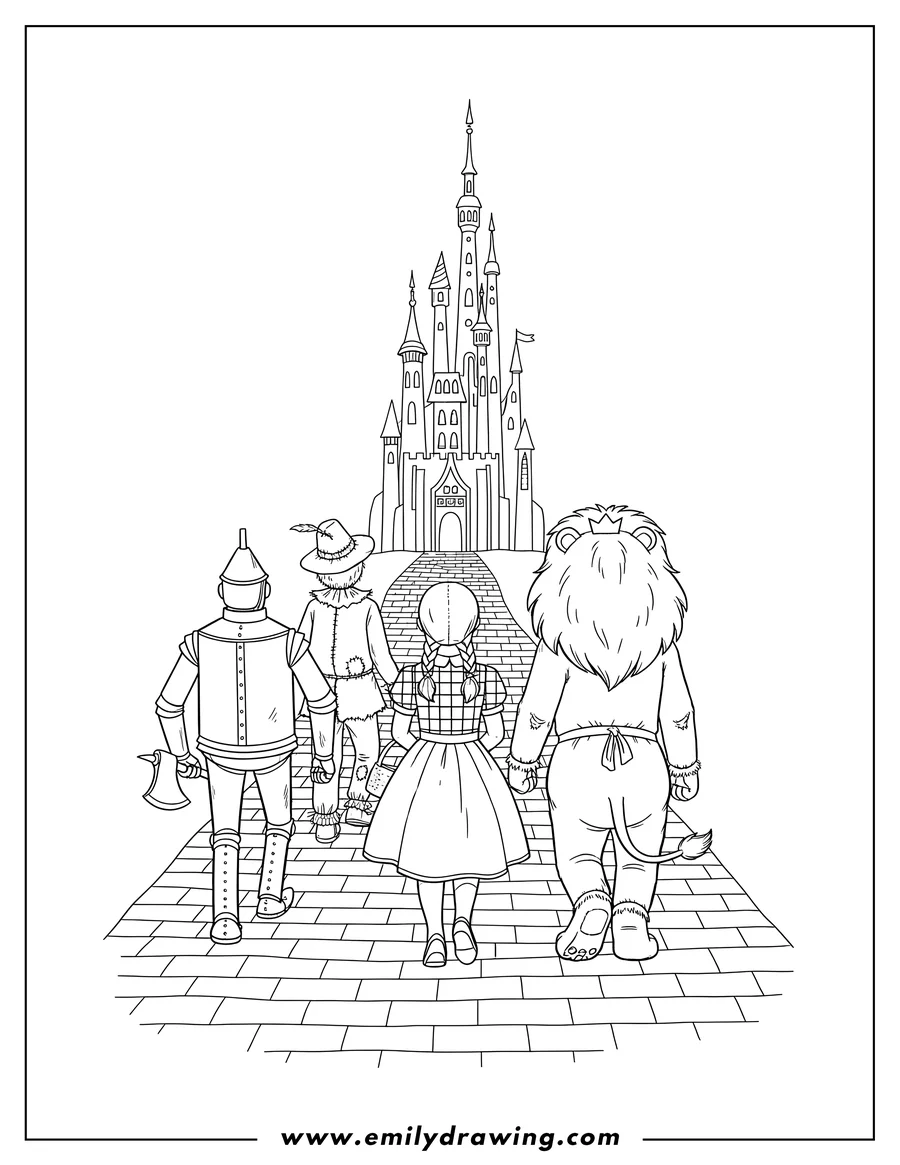 Simple sketch of tin Man, Dorothy with her basket, Lion, and Scarecrow walking from behind on the yellow brick road towards Emerald City to color