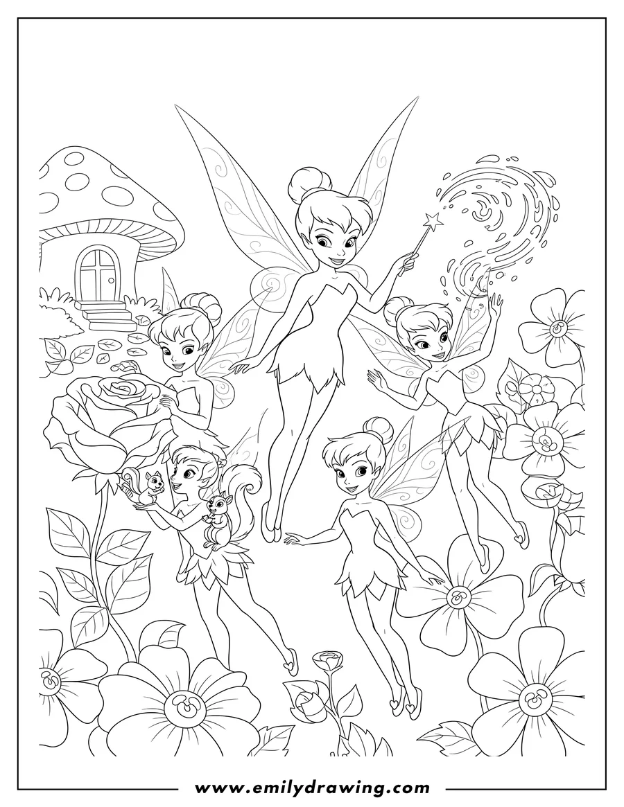 Printable line art of tinker Bell And Disney Fairies To Color Scaled, with five fairies gathered and interacting