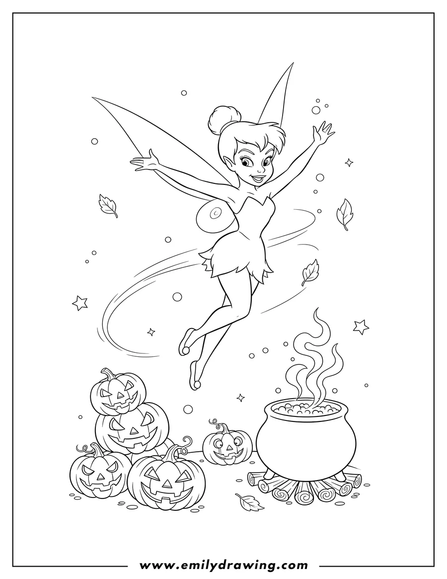 PDF style coloring page: tinker Bell flying and smiling among Jack O Lanterns and a cauldron