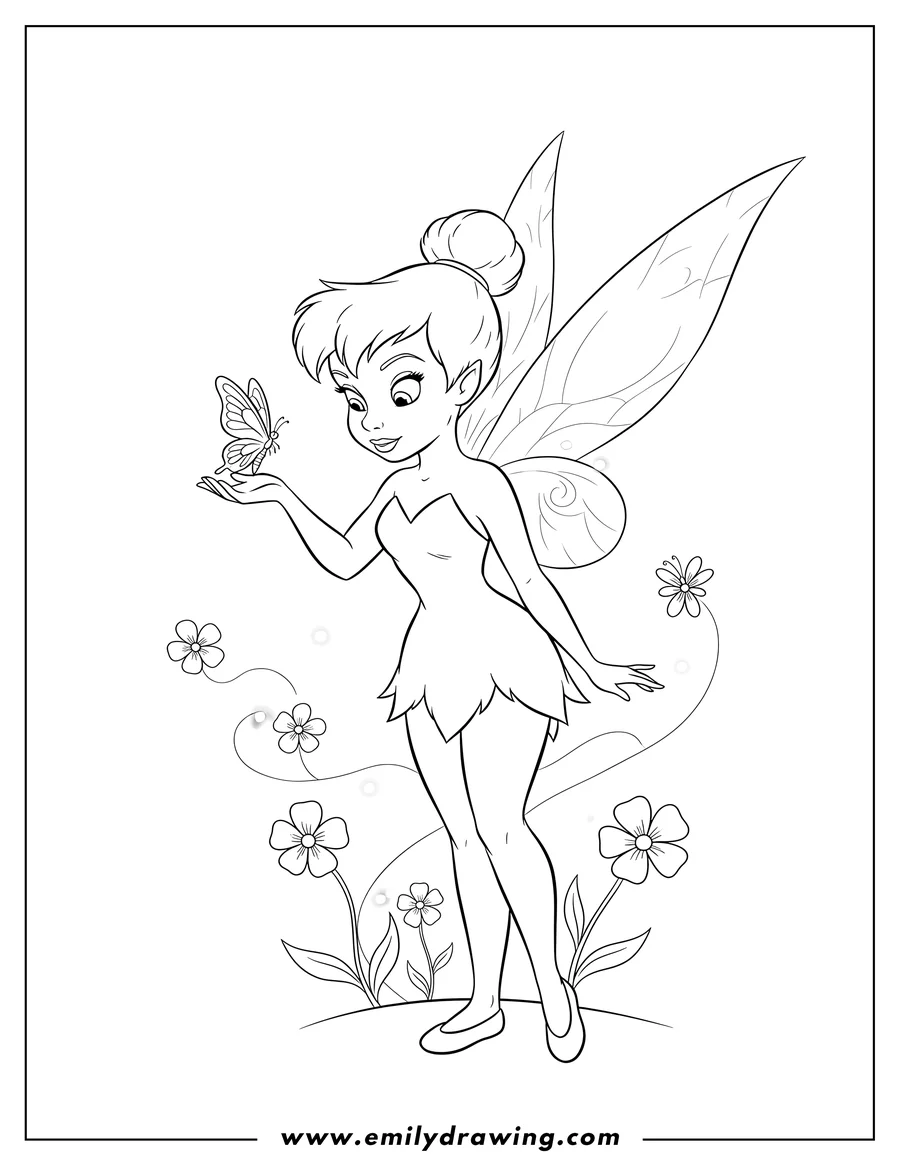 Printable coloring page of tinker Bell holding a butterfly on her outstretched hand and looking at it