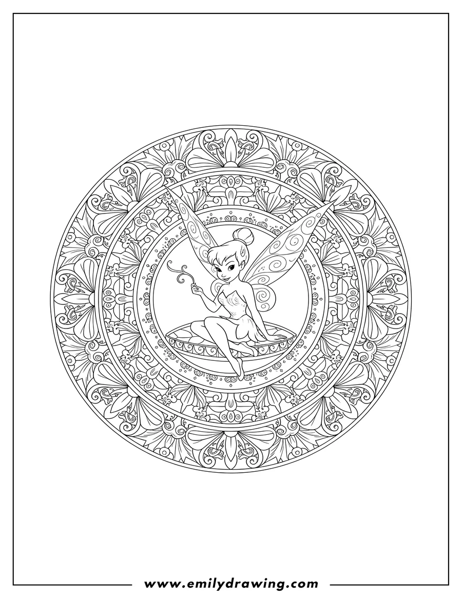 Coloring page for kids: tinker Bell sitting inside an intricate mandala