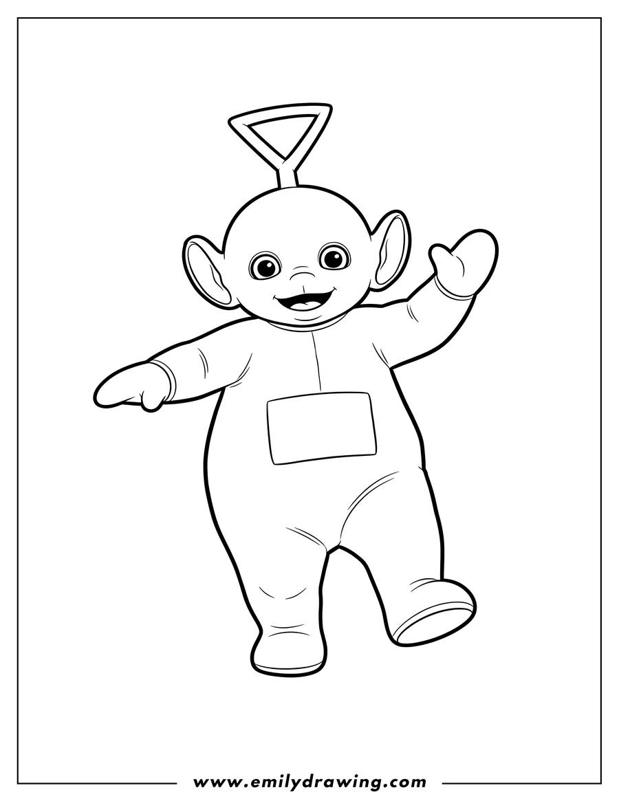 Simple sketch of outline Tinky Winky Waving, Smiling, and Dancing to color