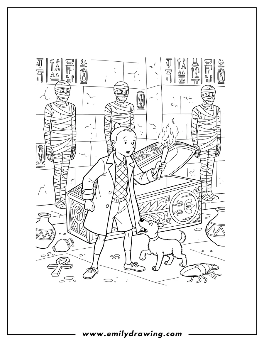 Coloring page of tintin and Snowy exploring an Egyptian tomb with mummies
