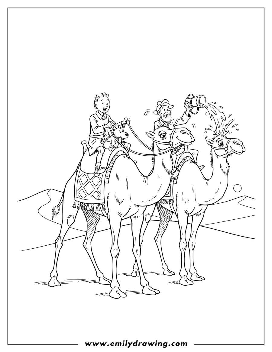 Free to print drawing of tintin and Snowy riding a camel with Captain Haddock spilling water on another camel in the desert
