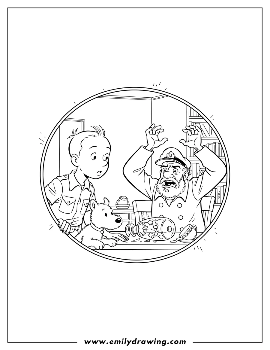 Clean line drawing: tintin and Snowy sneaking into Captain Haddock's room, peeking over a round opening at the distraught Captain