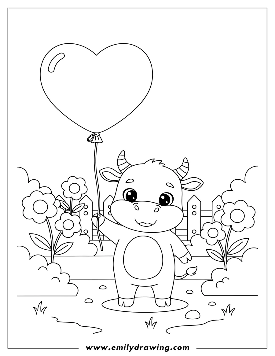 PDF style coloring page: cute smiling tiny bull in a farm garden, holding a love heart balloon