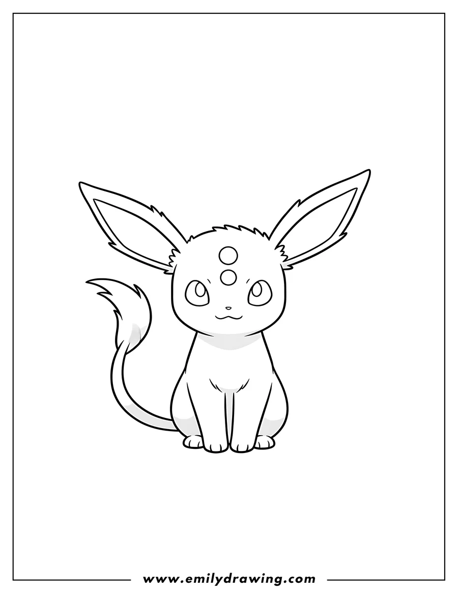 Coloring page for kids: tiny Espeon Smiling, sitting with three forehead gems