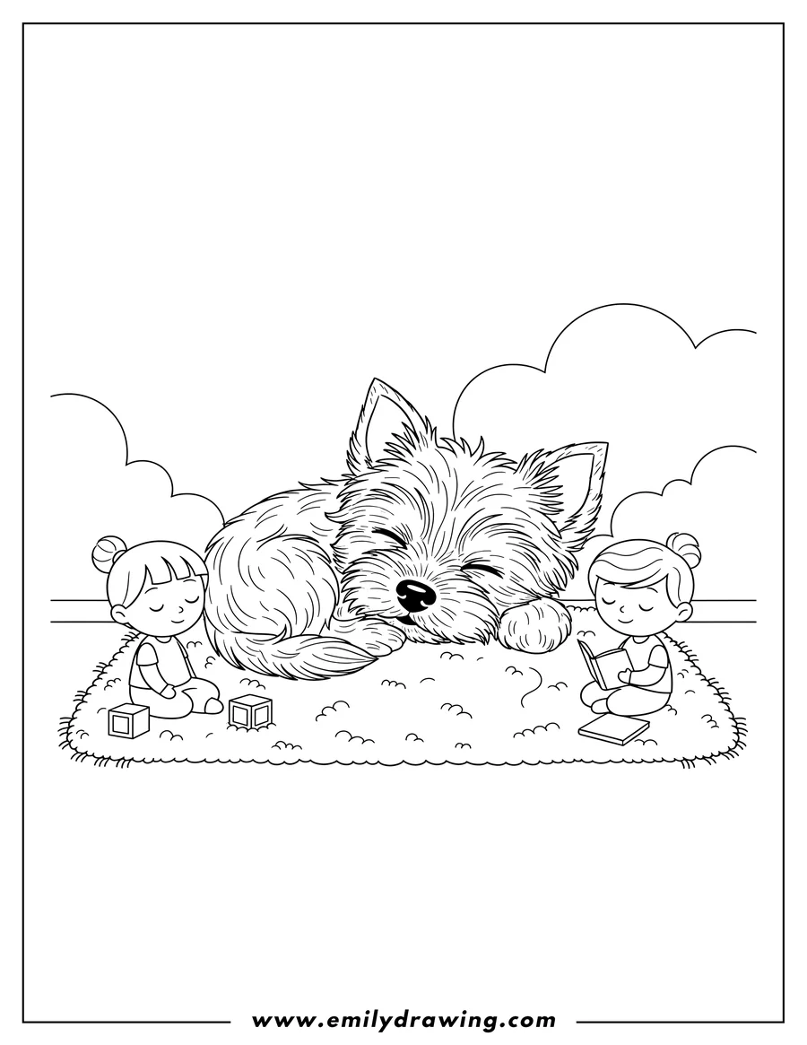 PDF style coloring page: tired Yorkie curled up, eyes closed, napping on rug Preschoolers