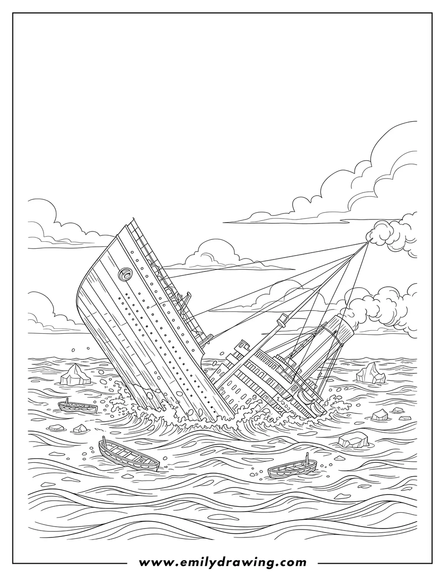 Full page coloring image of titanic S Bow Sinking at a steep angle and breaking apart