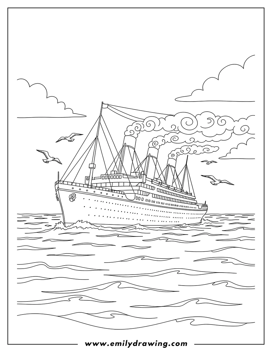 Printable line art of titanic S Voyage, emitting smoke, with seagulls flying