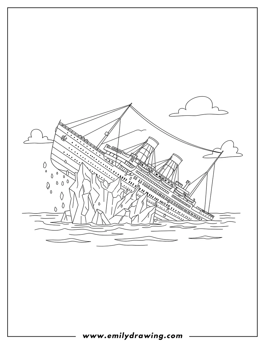 Free printable coloring sheet of titanic ship crashing into an iceberg with its bow lifted