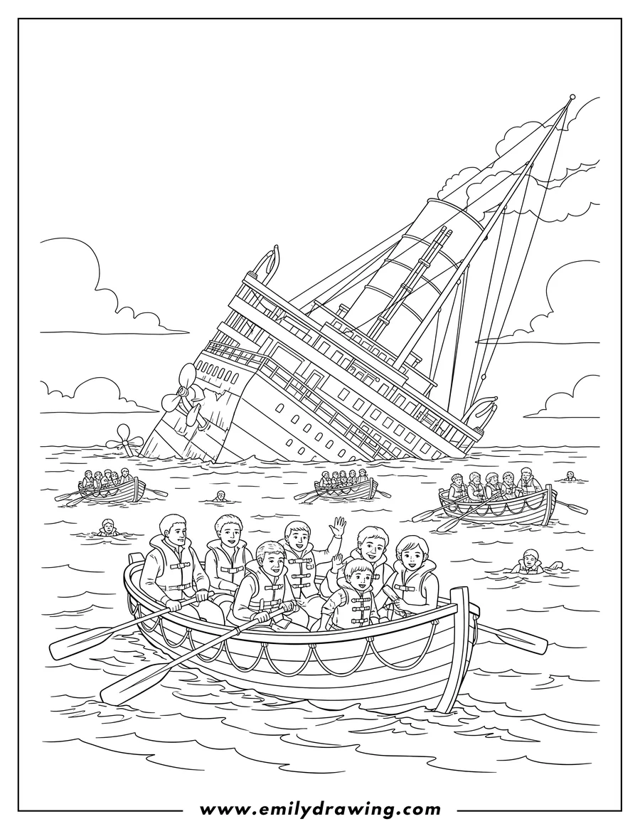 Free to print drawing of titanic Survivors in lifeboats rowing away from the stern-up sinking Titanic, with some people in the water, To Color