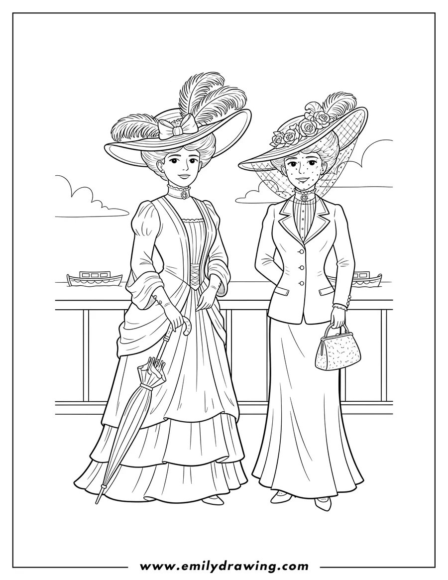 Printable coloring page of titanic Upper Class Passengers, two women in large hats, one holding a parasol