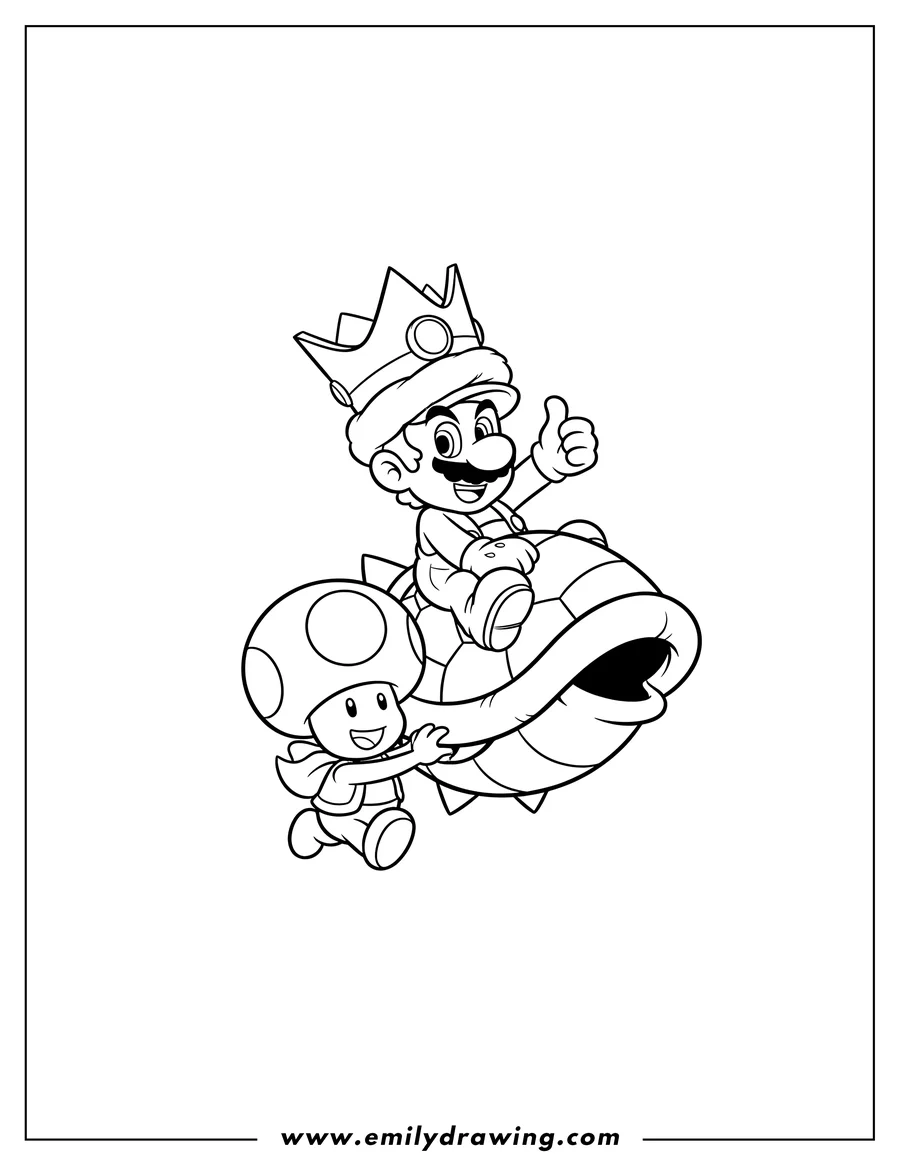 Printable coloring page of toad and Mario wearing a crown-hat, riding a Koopa Troopa shell with Toad running