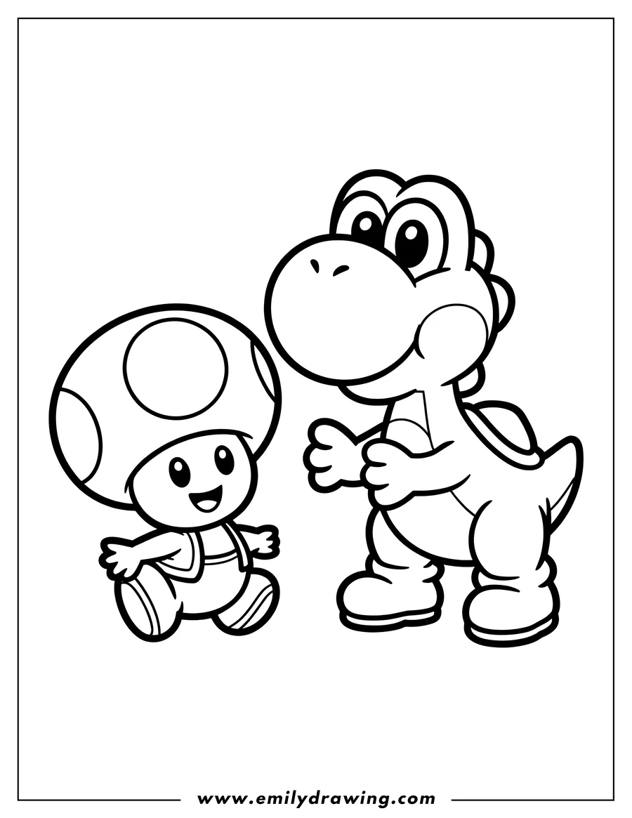Outline of Toad, a mushroom-headed character, smiling happily next to Yoshi, a green dinosaur-like character, also smiling, from the Nintendo universe.