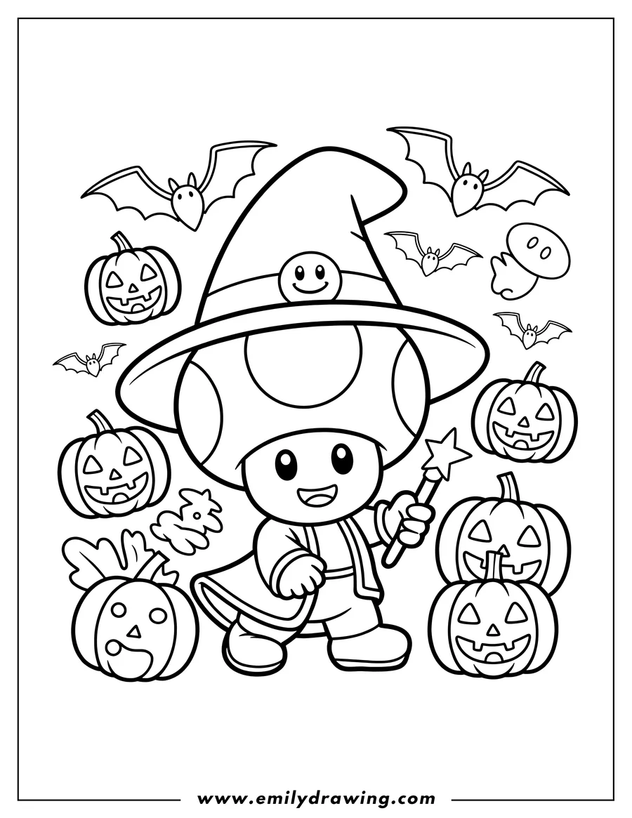 Outline of a toad character dressed as a wizard, holding a star-tipped wand, surrounded by smiling jack-o'-lanterns and flying bats.