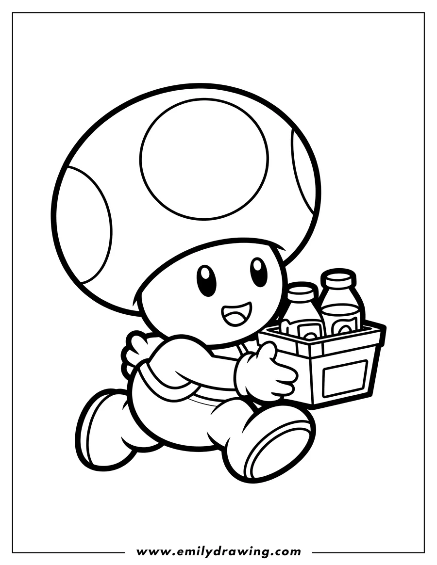 Outline of Toad, a mushroom-headed character, running while carrying a crate with three bottles inside.