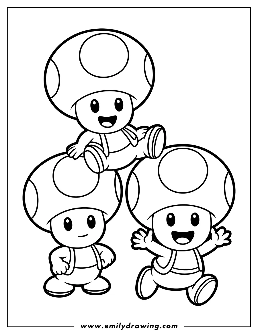 Outline of three happy Toad characters from Super Mario. One is sitting on another's mushroom cap, another is waving, and the third is standing.
