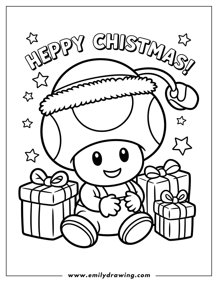 Line art of a Toad character wearing a Santa hat, sitting surrounded by three wrapped Christmas presents, with the text 'HEPPY CHISTMAS!' and stars above.