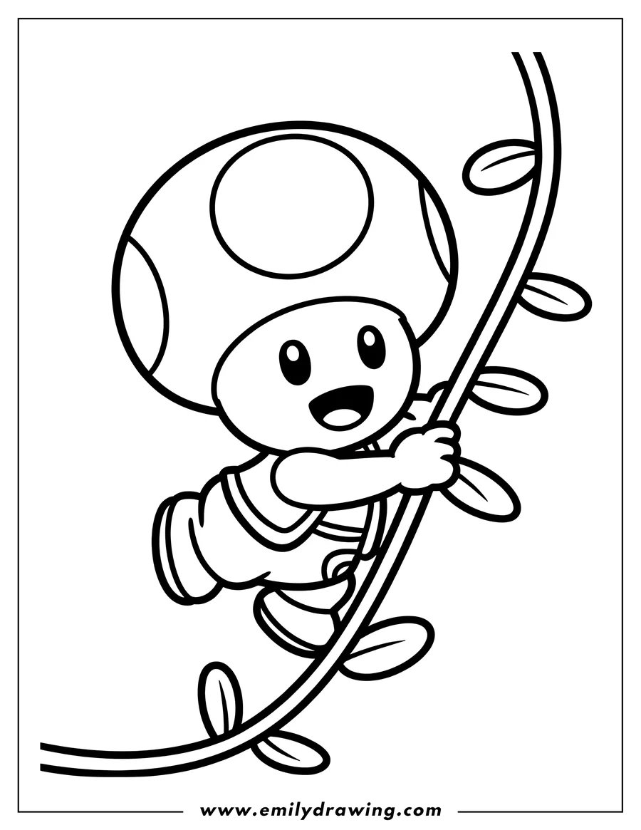 Line art of a cartoon Toad character with a large spotted mushroom cap, happily climbing a leafy vine.