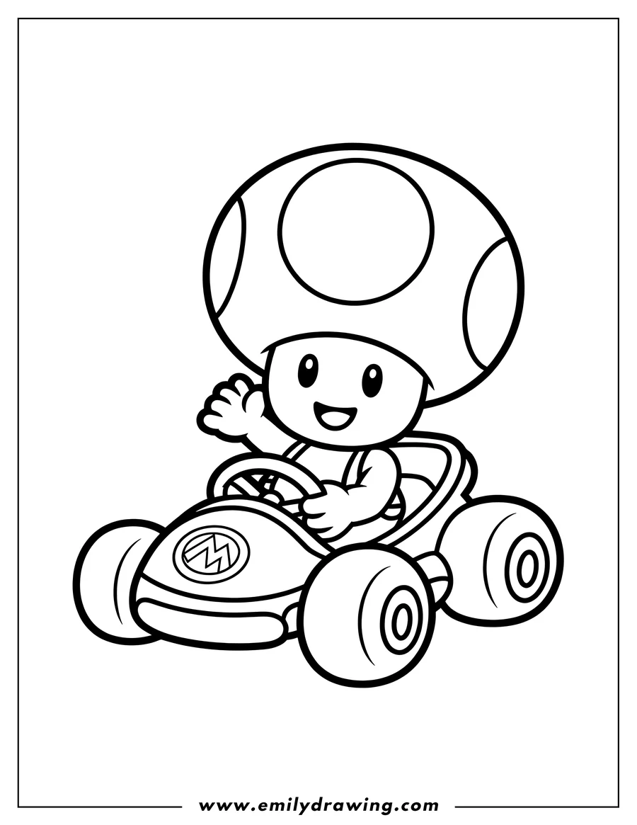 Line art of Toad from Super Mario driving a kart and waving