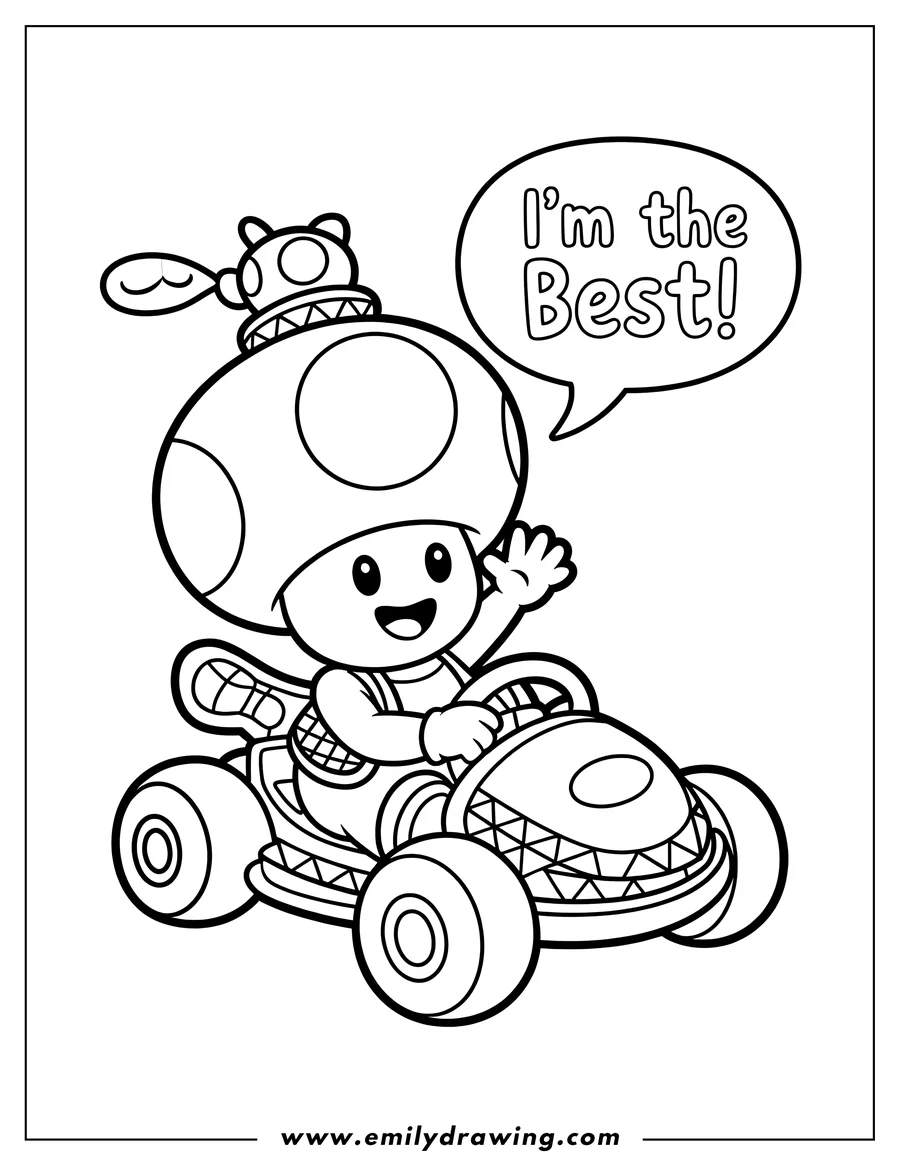 Line art of Toad from Super Mario driving a kart, with a speech bubble saying 'I'm the Best!'