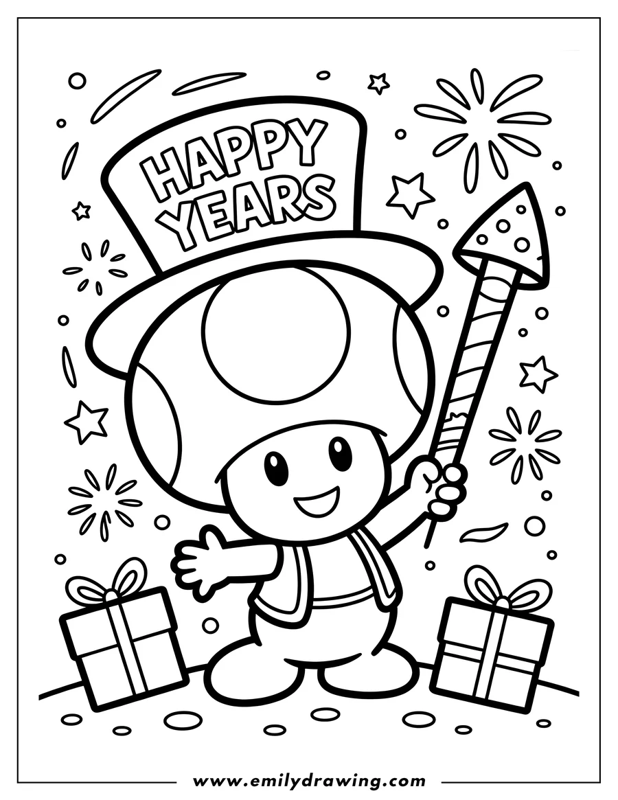 Line art of Toad from Mario, wearing a 