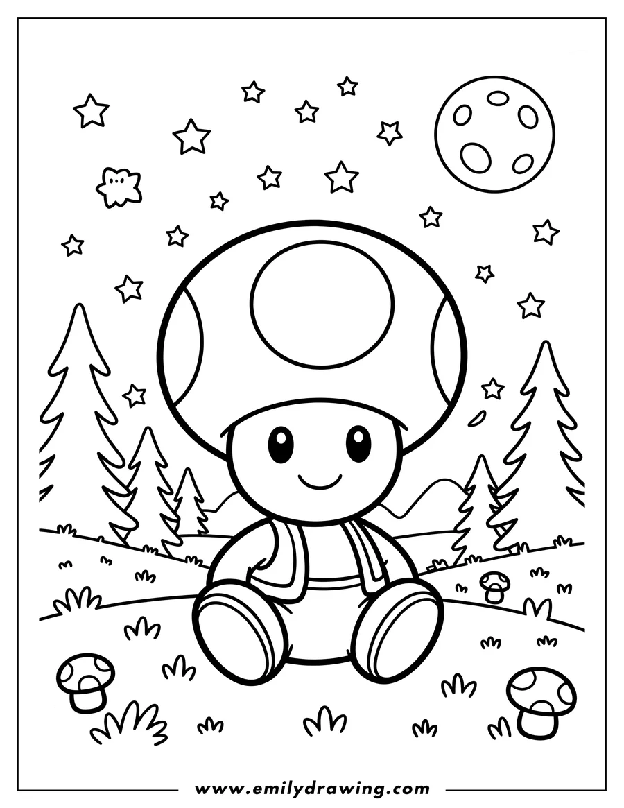 Outline of a cute toad character with a large mushroom hat, sitting in a forest scene with evergreen trees, small mushrooms, grass, and a night sky with stars and a moon.