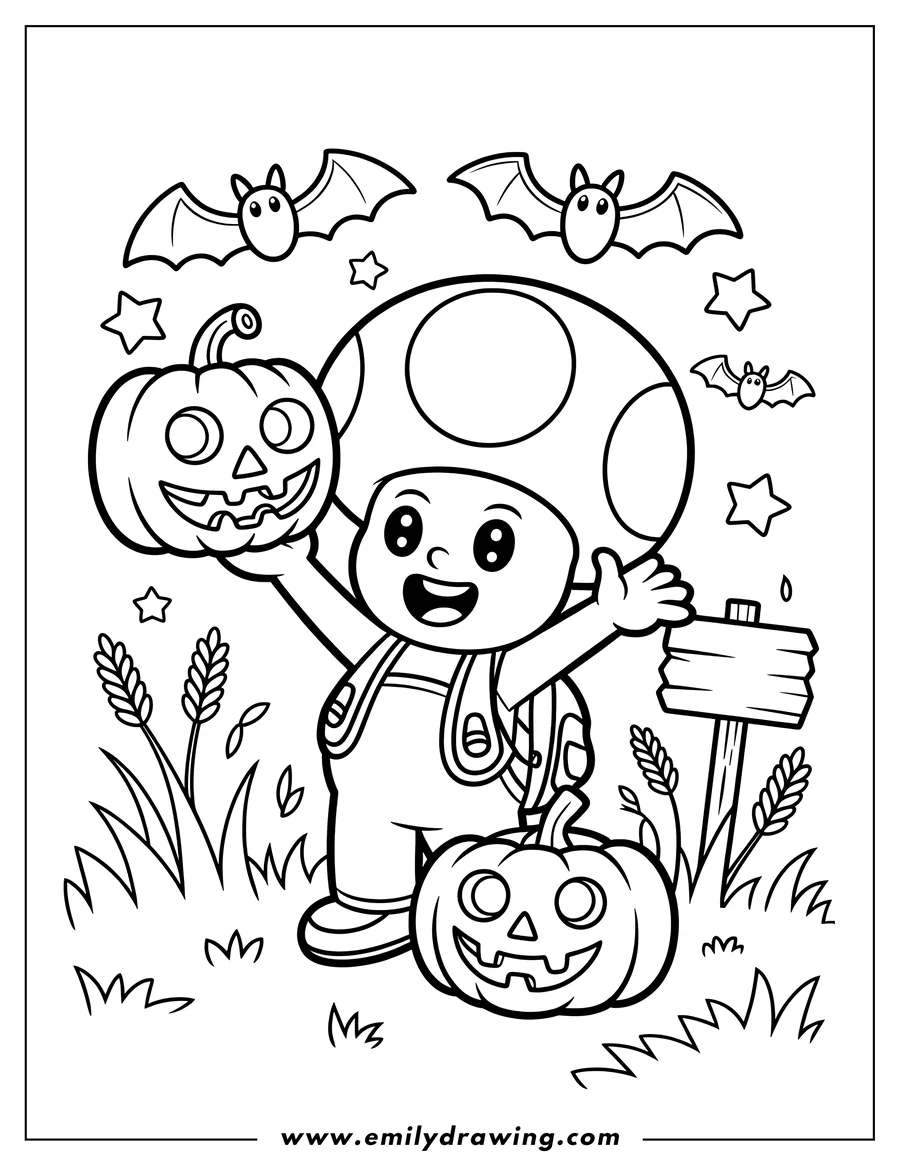 Outline of a cheerful toad character with a mushroom cap, holding a carved jack-o'-lantern high in the air, with another jack-o'-lantern at his feet. Bats, stars, and tall grass surround him.