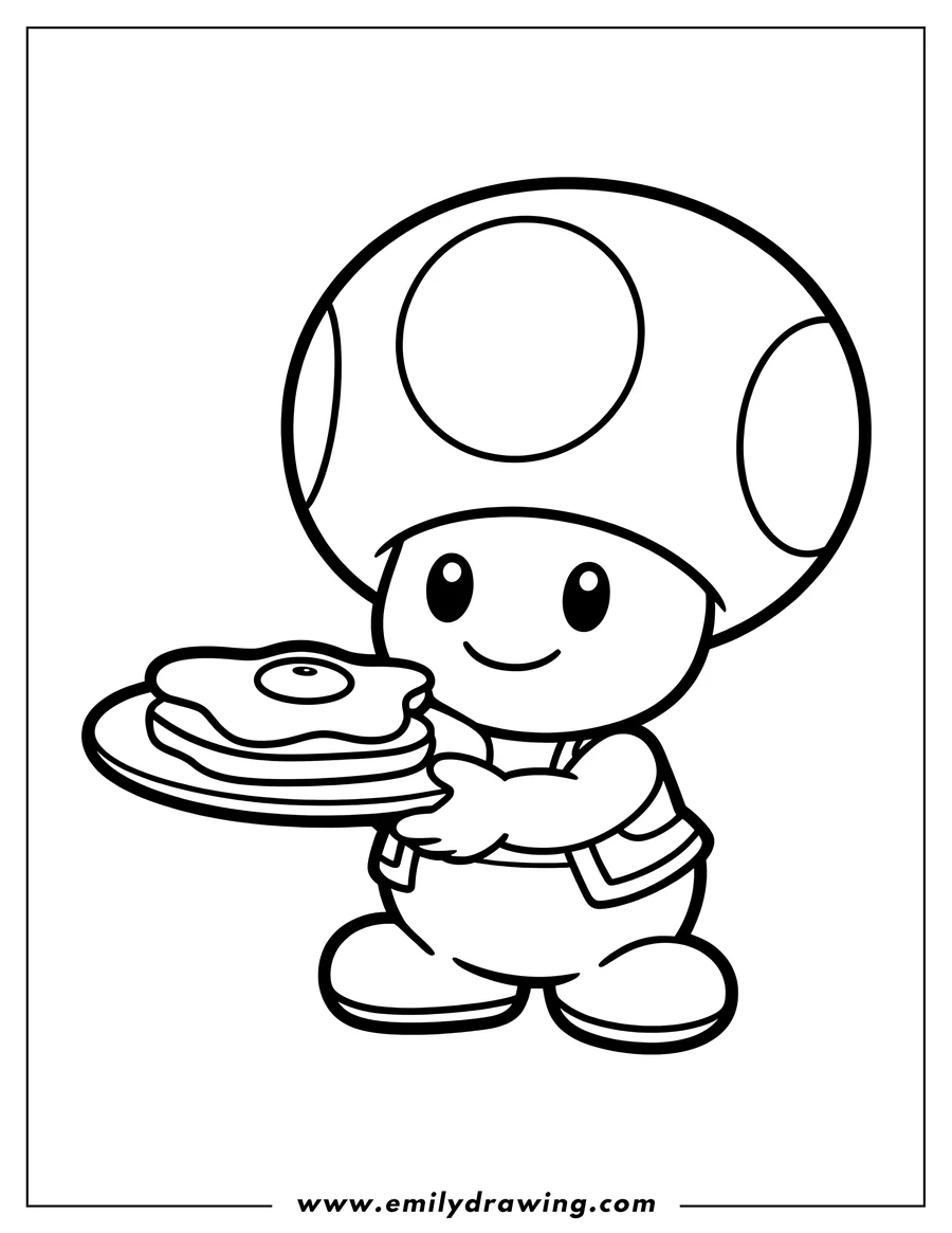 Line art of Toad from Super Mario, smiling and holding a stack of pancakes with a fried egg on top.