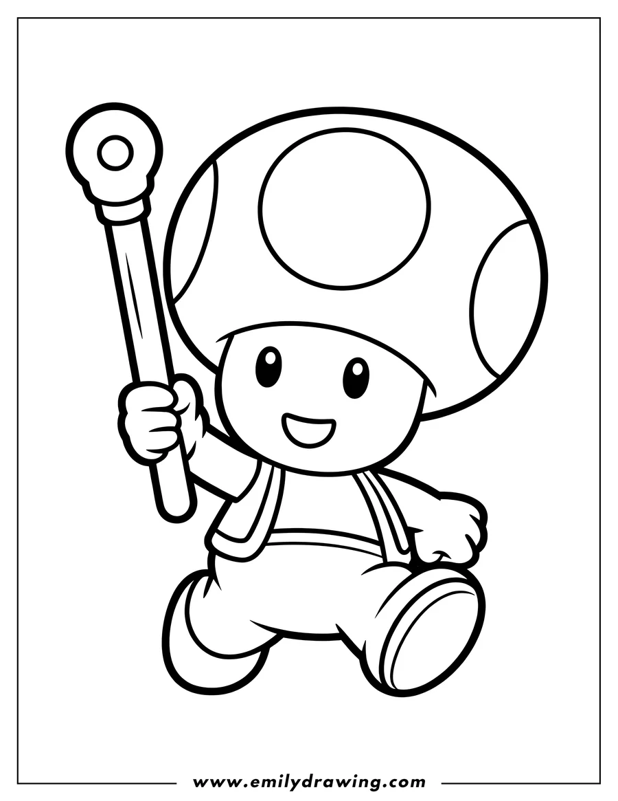 Outline of a cheerful Toad character, from Super Mario, holding a wand and appearing to be in motion.