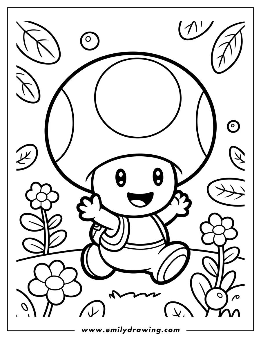 Line art of a cheerful toad character in a garden, surrounded by cartoon-style flowers, leaves, and berries.