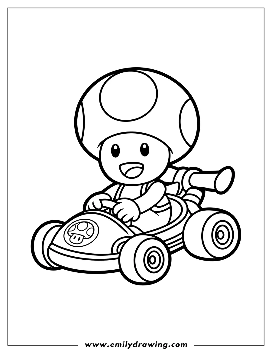 Outline of Toad from Mario in a go-kart, smiling and holding the steering wheel