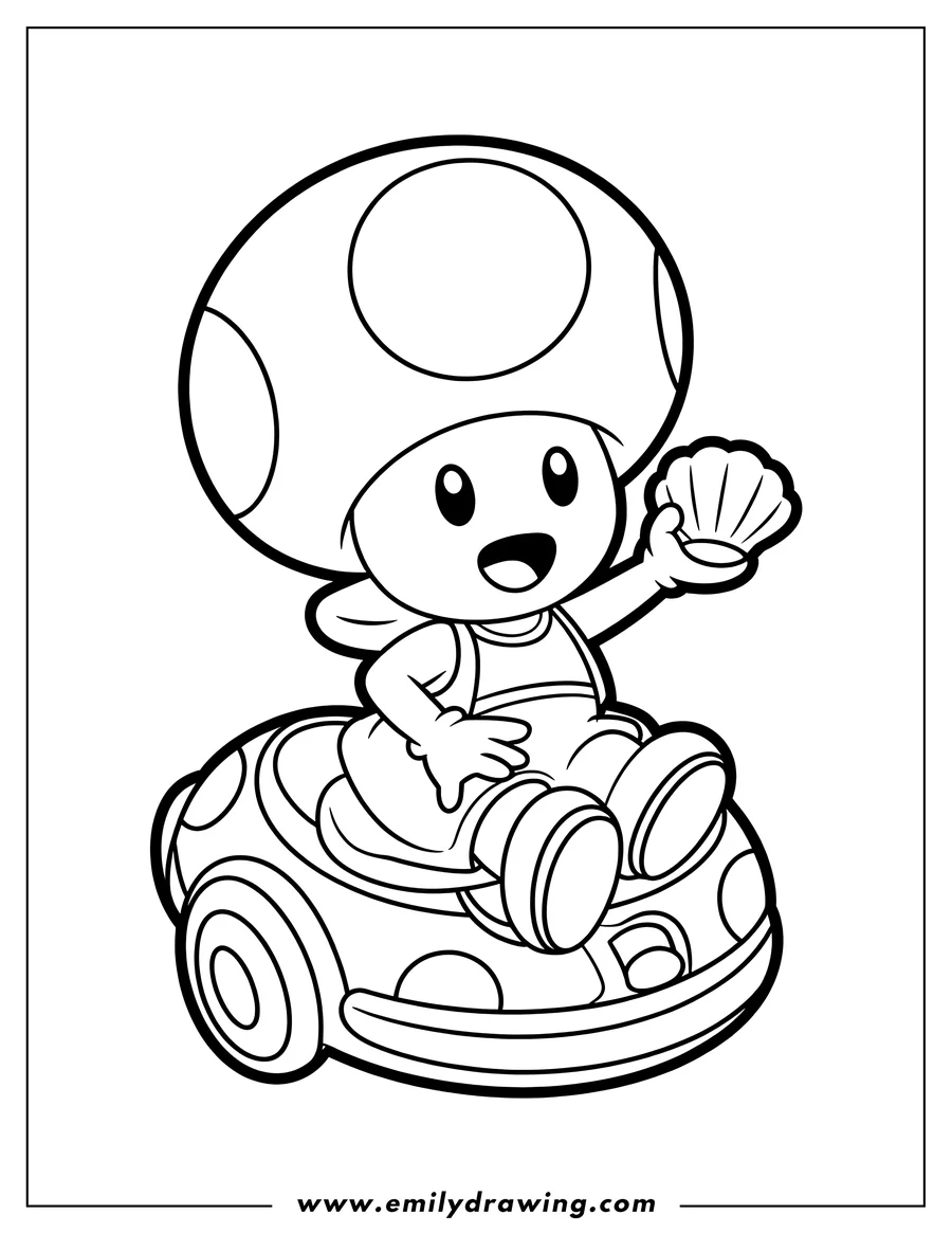 Outline of Toad, a mushroom-headed character, sitting in a small, wheeled kart and holding a seashell in one hand.