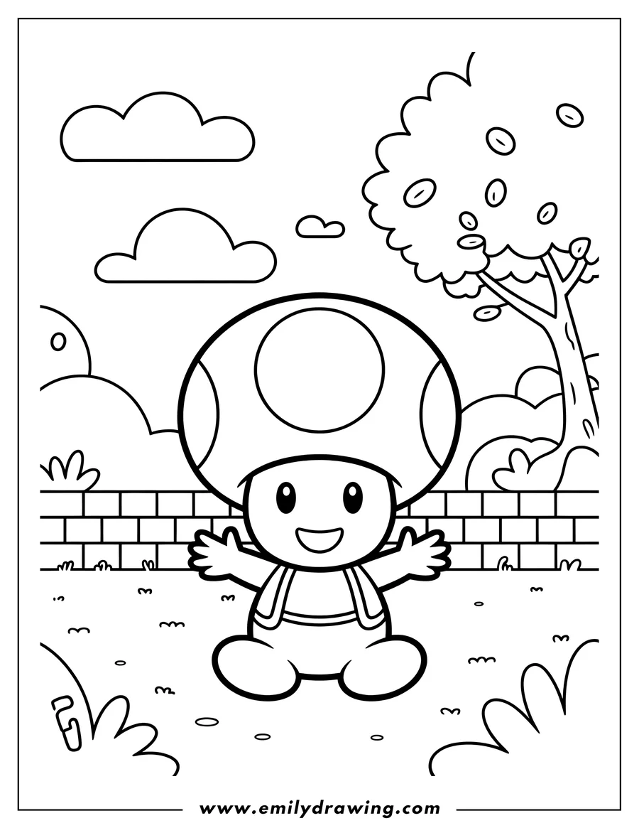 Line art of Toad from Super Mario, standing happily in a landscape with a tree, clouds, and a small brick wall behind him.