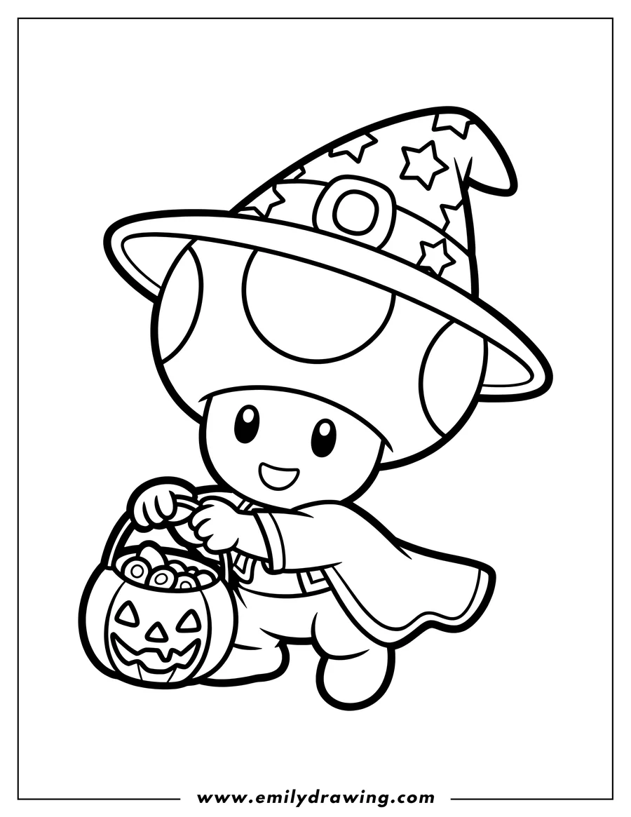 Outline of Toad from Mario wearing a wizard hat with stars, holding a jack-o'-lantern trick-or-treat bucket full of candy.