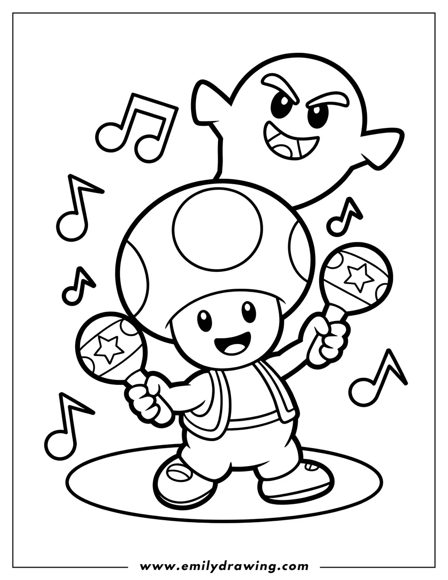 Outline of Toad from Super Mario Bros. holding two maracas, with musical notes floating around and a mischievous ghost character hovering above.