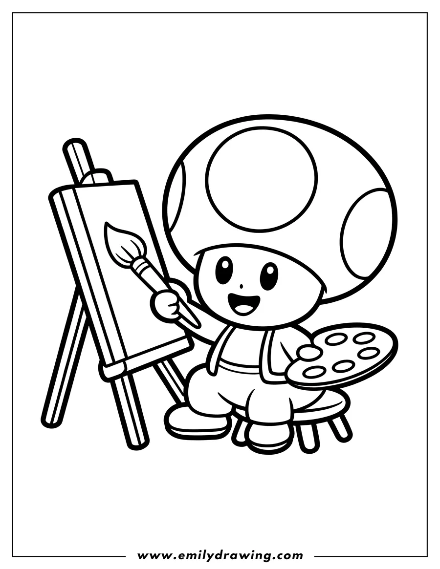 Line art of a cartoon Toad character holding a paintbrush and a painter's palette, sitting on a stool next to an easel.