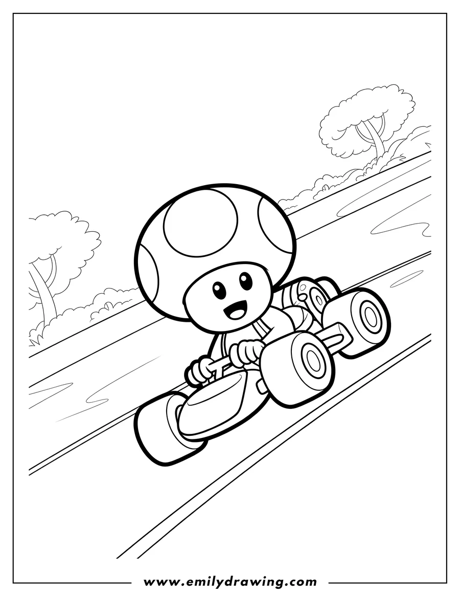 Line art of Toad, a mushroom character, happily racing a go-kart on a track with trees in the background.