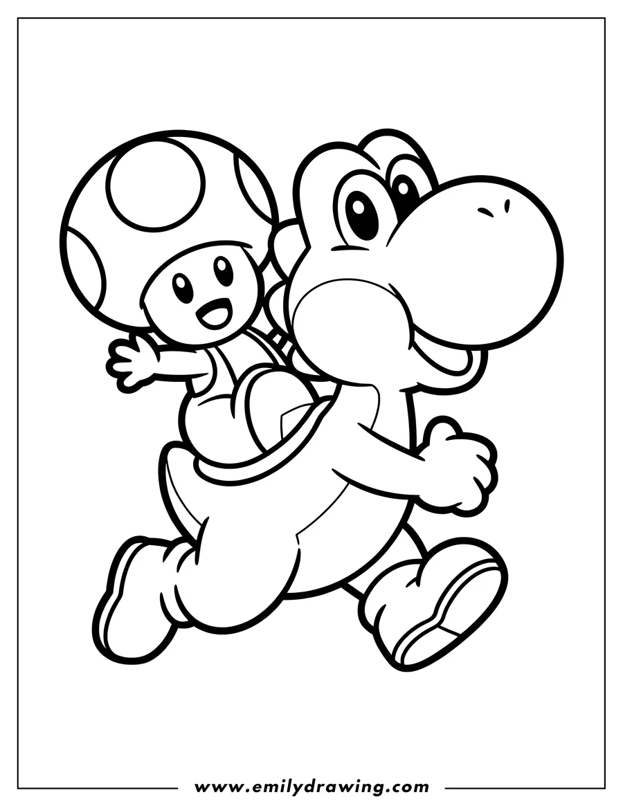 Line art of Toad riding on the back of Yoshi, both characters appearing to be running or in motion.