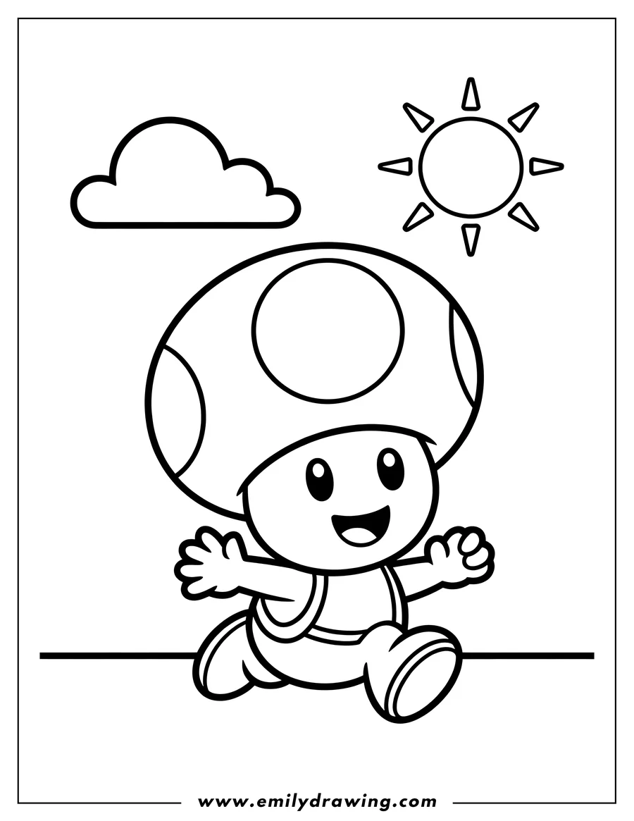 Outline of Toad, a mushroom-headed character, happily running under a shining sun and a puffy cloud.