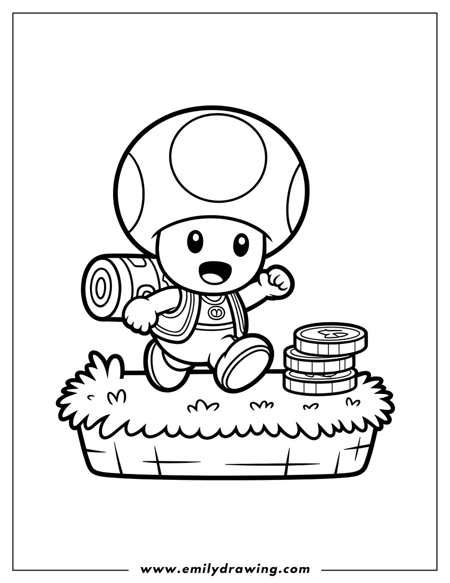 Line art of a happy Toad character from Mario running on a patch of grass with a backpack, next to a stack of coins.