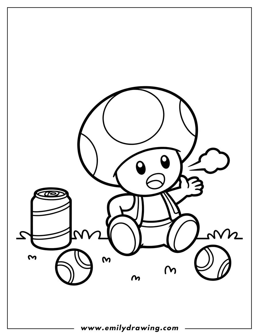 Line art of Toad from Super Mario sitting on the grass with a soda can and two small balls next to him. He looks like he's talking, with a speech bubble-like cloud coming from his mouth.