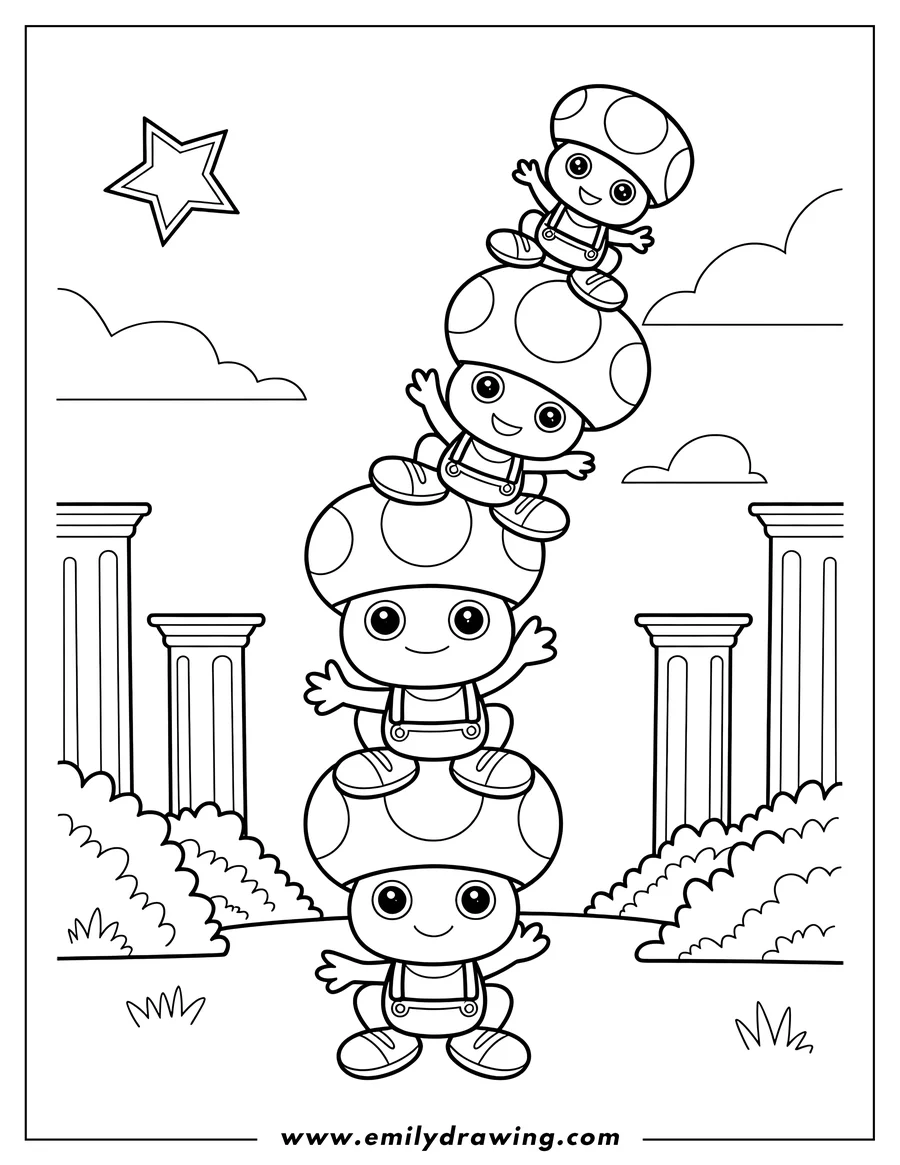 Outline of four happy mushroom-headed toads stacked on top of each other, wearing overalls, with large pillars and bushes in the background and a star and clouds in the sky.