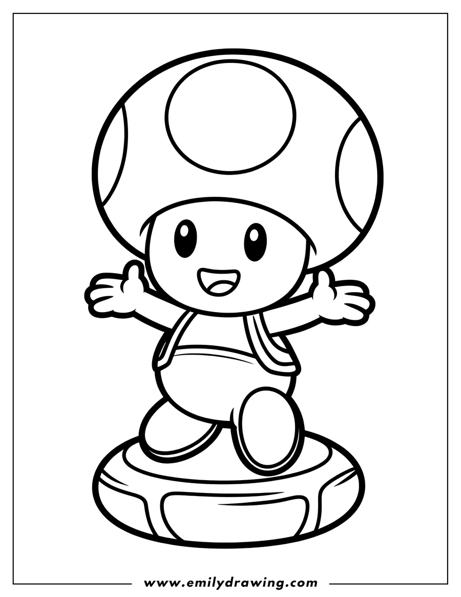 Outline of the character Toad, from Super Mario, standing on a round platform with arms outstretched and a big smile.